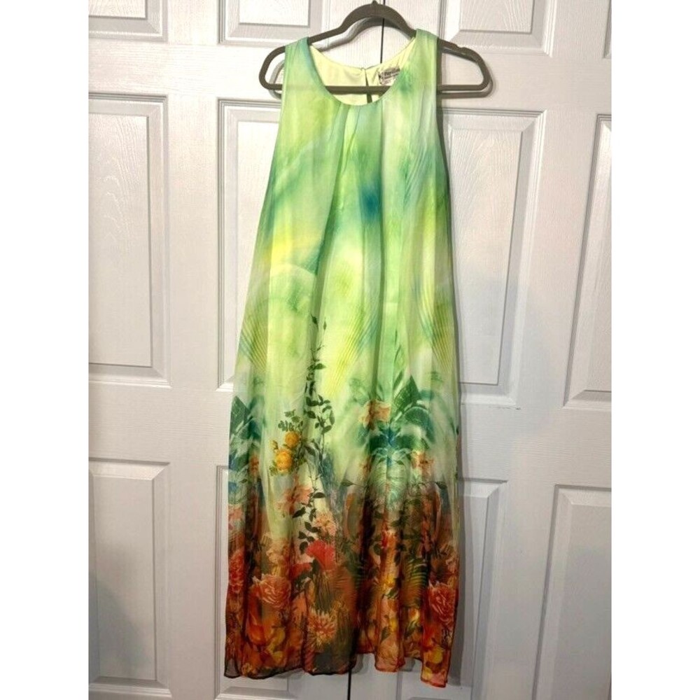 Papillon-Green chiffon polyester lined tropical floral maxi dress-L
